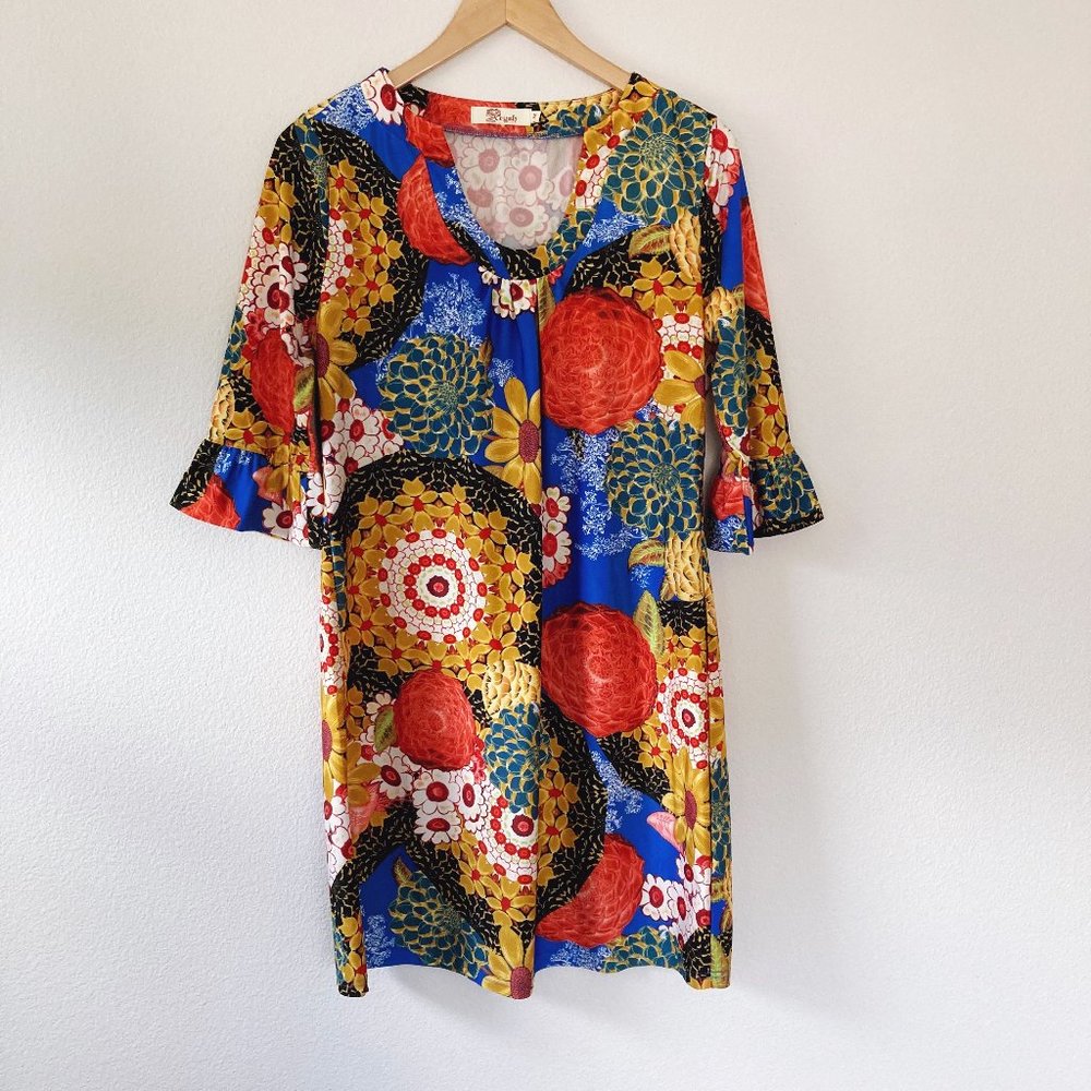Aryeh Boho Floral Bell Sleeve Shift Dress Medium